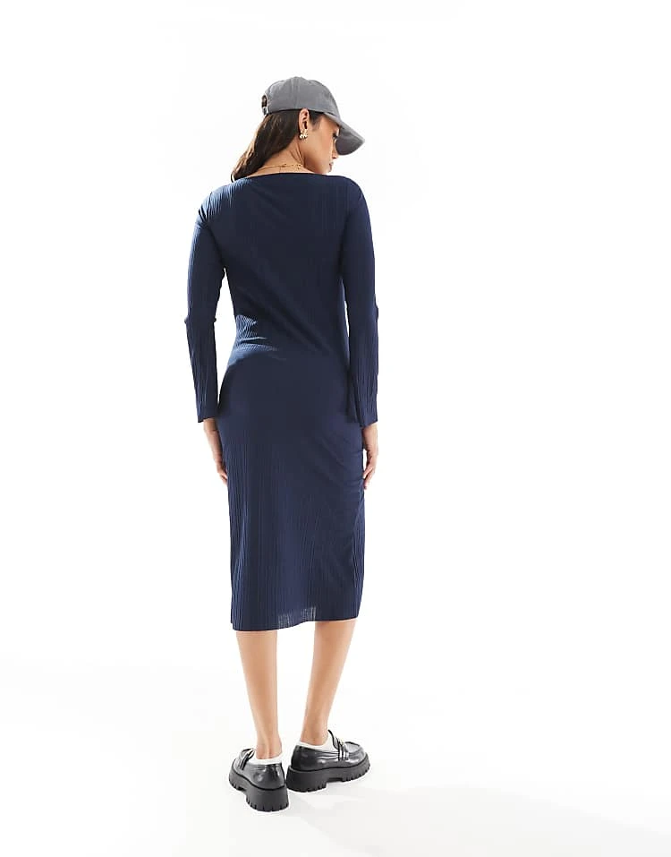 Mama.licious Mamalicious Maternity Long Sleeved Plisse Midi Dress In Navy For Women Navy Blazer - Image 2