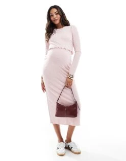 Mama.licious Mamalicious Ribbed Crop Top And Midi Skirt Co-ord In Soft Pink