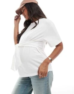 Mama.licious Mamalicious Maternity Tie Front T-shirt In White For Women Snow White