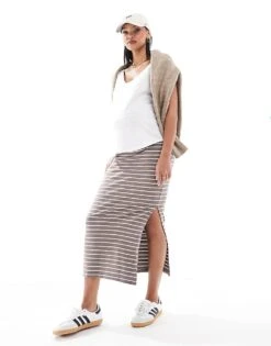 Mama.licious Mamalicious Maternity Jersey Over The Bump Maxi Skirt In Taupe Stripe For Women Falcon