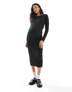 Mama.licious Mamalicious Maternity Textured Boat Neck Midi Dress In Black For Women