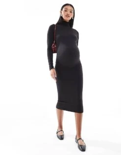 Mama.licious Mamalicious Maternity Textured Seamless Midi Dress In Black For Women