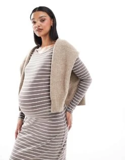 Mama.licious Mamalicious Maternity Long Sleeved Jersey Maxi Dress In Taupe Stripe For Women Falcon