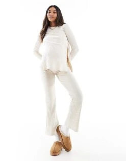 Mama.licious Mamalicious Maternity Ribbed Top And Flare Trouser Co-ord In Cream