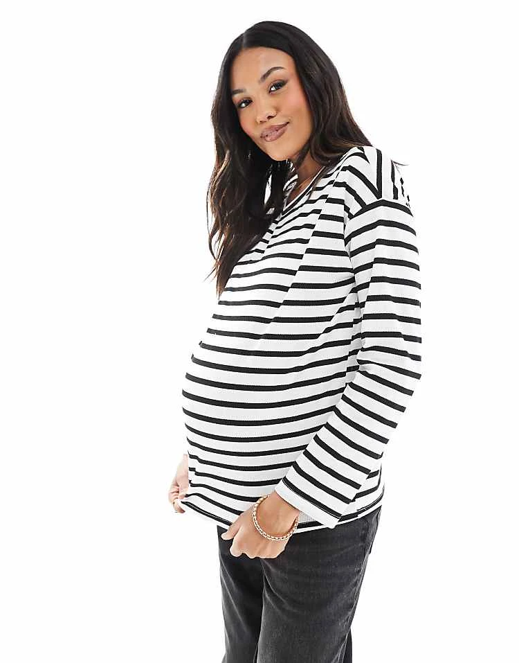 Mama.licious Mamalicious Maternity Long Sleeved Waffle Jersey Top In Mono Stripe For Women White/black Stripes - Image 5