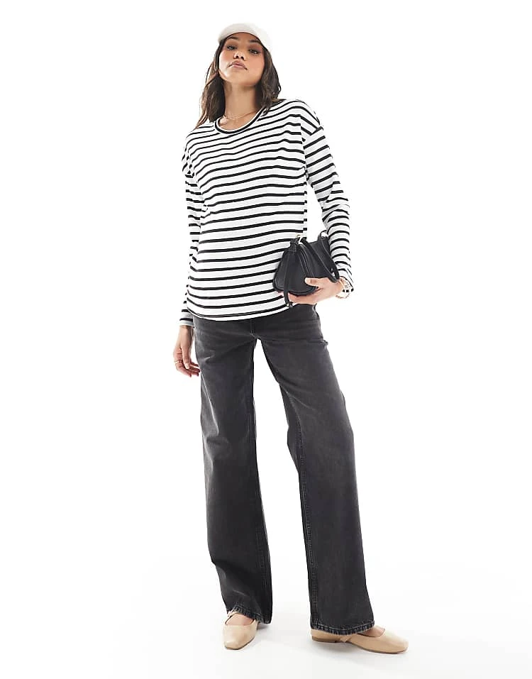 Mama.licious Mamalicious Maternity Long Sleeved Waffle Jersey Top In Mono Stripe For Women White/black Stripes - Image 2