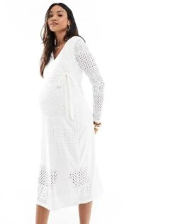 Mama.licious Mamalicious Maternity Jersey Broderie Wrap Midi Dress In White For Women
