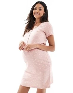 Mama.licious Mamalicious Maternity Star Print Nightdress With Nursing Function In Dusty Pink For Women Misty Rose Aop