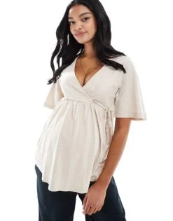 Mama.licious Mamalicious Maternity Jersey Wrap Top In Cream For Women French Oak