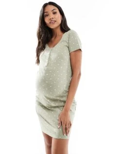 Mama.licious Mamalicious Maternity Star Print Nightdress With Nursing Function In Sage Green For Women Tea Aop