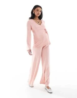 Mama.licious Mamalicious Maternity Slubby Jersey Top And Trouser Co-ord In Pink