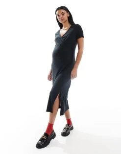 Mama.licious Mamalicious Maternity Short Sleeved Ribbed Jersey Maxi Dress In Black For Women