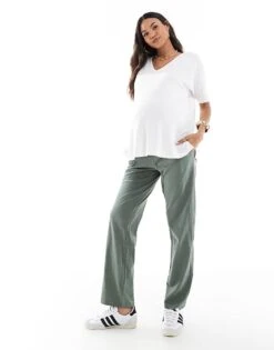 Mama.licious Mamalicious Maternity Under The Bump Lightweight Summer Wide Leg Trousers In Khaki For Women Agave Green