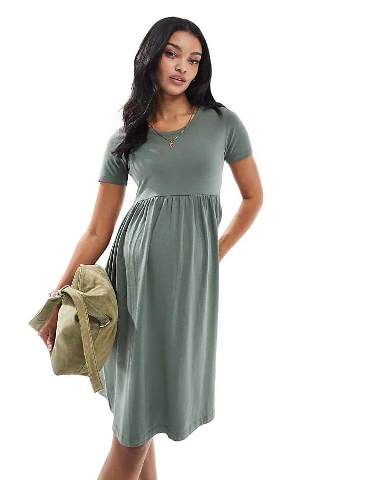 Mama.licious Mamalicious Maternity Mini Smock T-shirt Dress In Khaki For Women Agave Green - Image 5