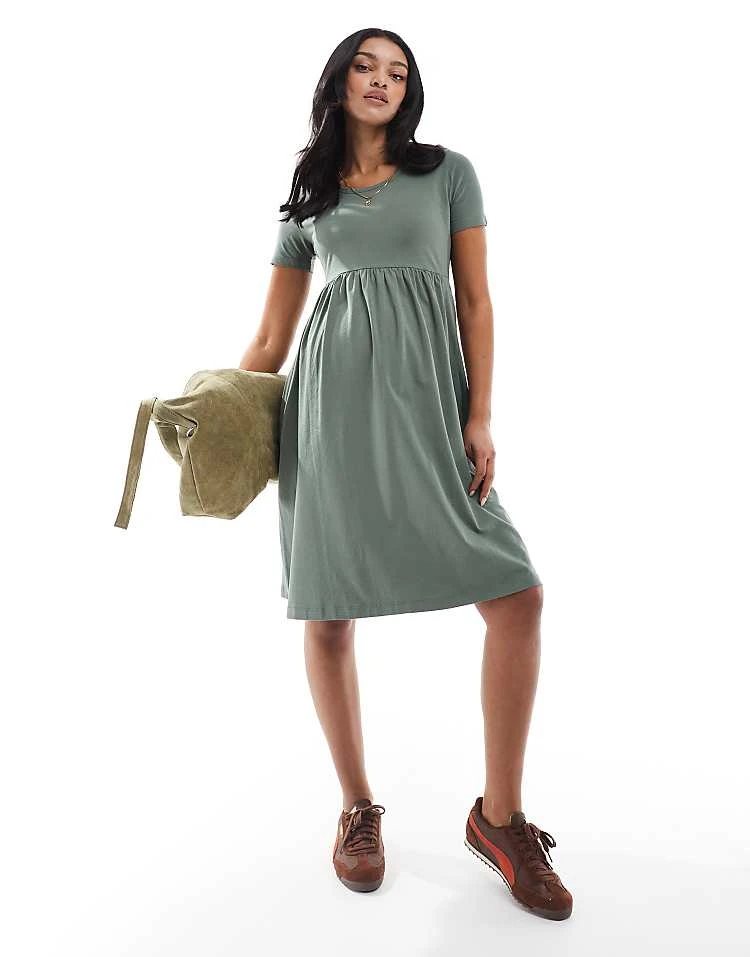 Mama.licious Mamalicious Maternity Mini Smock T-shirt Dress In Khaki For Women Agave Green - Image 2