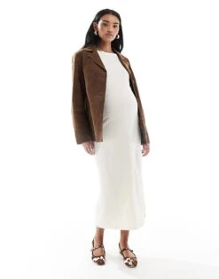 Mama.licious Mamalicious Maternity Long Sleeved Ribbed Jersey Midi Dress In Cream For Women Sand Dollar