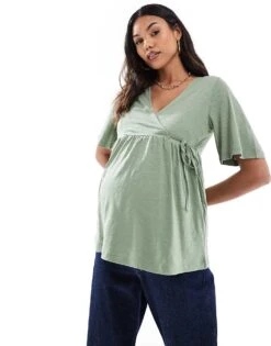 Mama.licious Mamalicious Maternity Jersey Wrap Top In Khaki For Women Hedge Green