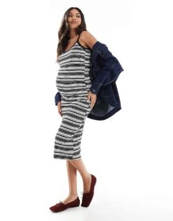 Mama.licious Mamalicious Maternity Jersey Midi Dress In Mono Stripe For Women Black