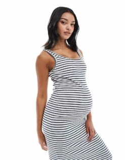 Mama.licious Mamalicious Maternity Ribbed Midi Tank Dress In Grey And Blue Stripe For Women Light Grey Melange